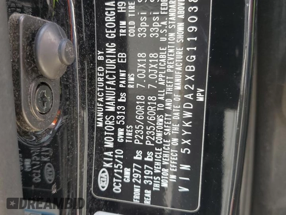 2011 Kia Sorento SX with VIN 5XYKWDA2XBG119038, listed as a Copart auction lot 50416895 with Not Provided miles and Salvage Title. Bid and sale history available at carsss.com. Image 13.