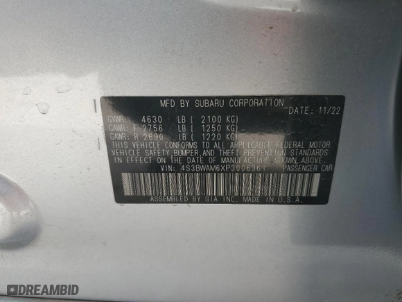 2023 Subaru Legacy Limited with VIN 4S3BWAM6XP3006361, listed as a Copart auction lot 86557094 with 7030 miles and Salvage Title. Bid and sale history available at carsss.com. Image 12.