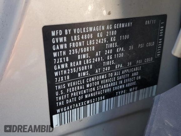 2012 Volkswagen Tiguan SEL with VIN WVGAV7AXXCW521394, listed as a Copart auction lot 53000555 with 126,017 mi miles and Salvage Title. Bid and sale history available at DreamBid. Image 13.
