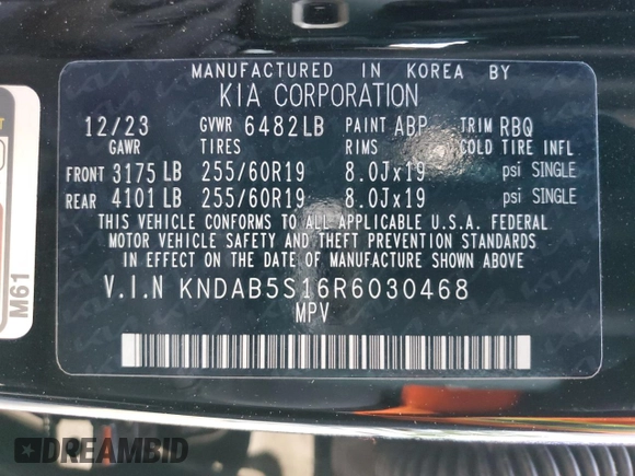 2024 Kia EV9 Light Long Range with VIN KNDAB5S16R6030468, listed as a Copart auction lot 47266195 with 4,675 mi miles and Salvage Title. Bid and sale history available at carsss.com. Image 14.