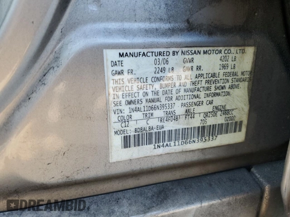 2006 Nissan Altima S with VIN 1N4AL11D66N395337, listed as a Copart auction lot 63236785 with 274,890 mi miles and Salvage title. Bid and sale history available at DreamBid. Image 12.
