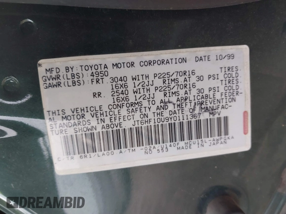 2000 Lexus RX 300 with VIN JT6HF10U9Y0111367, listed as a IAAI auction lot 41716452 with 173,647 mi miles and . Bid and sale history available at DreamBid. Image 9.