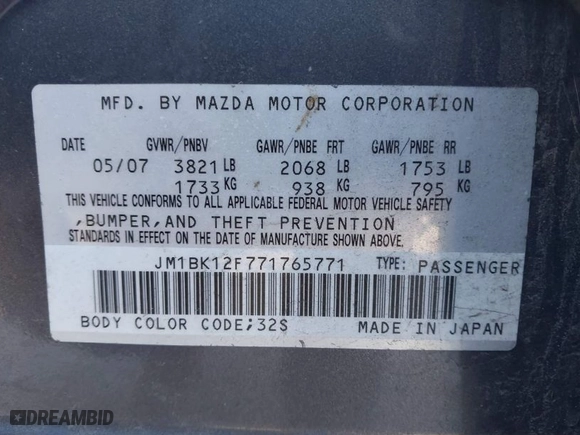 2007 Mazda Mazda3 i Sport with VIN JM1BK12F771765771, listed as a IAAI auction lot 41208925 with 139,306 mi miles. Bid and sale history available at carsss.com. Image 9.
