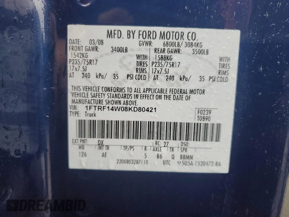 2008 Ford F-150 XL with VIN 1FTRF14W08KD80421, listed as a Copart auction lot 47890845 with 106,846 mi miles and Salvage Title. Bid and sale history available at carsss.com. Image 12.