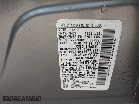 2012 Nissan Rogue S with VIN JN8AS5MT5CW605010, listed as a IAAI auction lot 41714415 with 167,445 mi miles and . Bid and sale history available at DreamBid. Image 9.