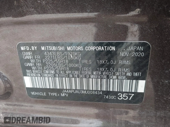 2021 Mitsubishi Outlander ES z VIN JA4APUAU3MU008434, wystawiony jako IAAI lot #42120530 z przebiegiem 95 254 mil mil oraz . Historia ofert i sprzedaży dostępna na DreamBid. Obrazek 9.