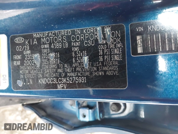 2019 Kia Niro EX with VIN KNDCC3LC3K5275931, listed as a IAAI auction lot 41279794 with 88,672 mi miles. Bid and sale history available at carsss.com. Image 9.