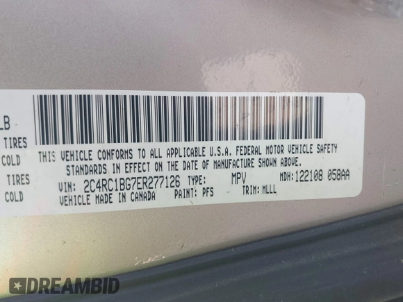 2014 Chrysler Town & Country Touring with VIN 2C4RC1BG7ER277126, listed as a IAAI auction lot 42072934 with 81,307 mi miles and . Bid and sale history available at DreamBid. Image 9.