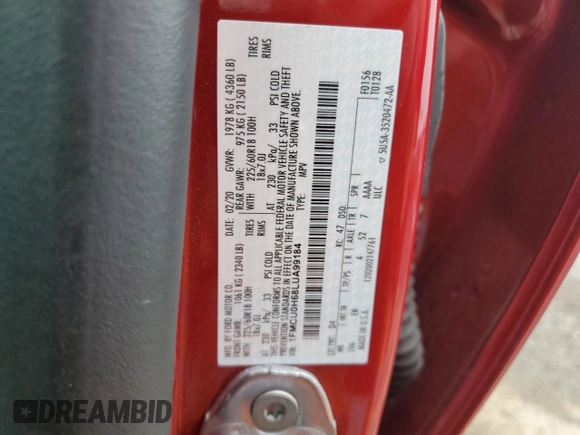 2020 Ford Escape SEL with VIN 1FMCU0H68LUA99184, listed as a Copart auction lot 57451135 with 43,123 mi miles and Salvage title. Bid and sale history available at DreamBid. Image 13.