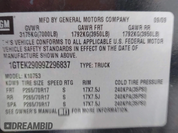 2009 GMC Sierra 1500 SLE with VIN 1GTEK29099Z296837, listed as a IAAI auction lot 41604029 with 198,881 mi miles and . Bid and sale history available at DreamBid. Image 9.