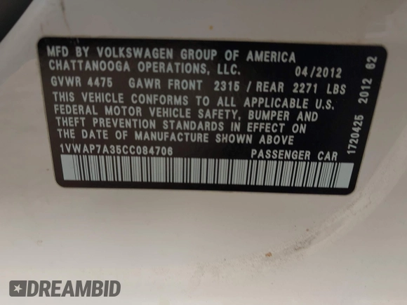 2012 Volkswagen Passat S w/Appearance with VIN 1VWAP7A35CC084706, listed as a IAAI auction lot 41927364 with 245,100 mi miles. Bid and sale history available at carsss.com. Image 9.
