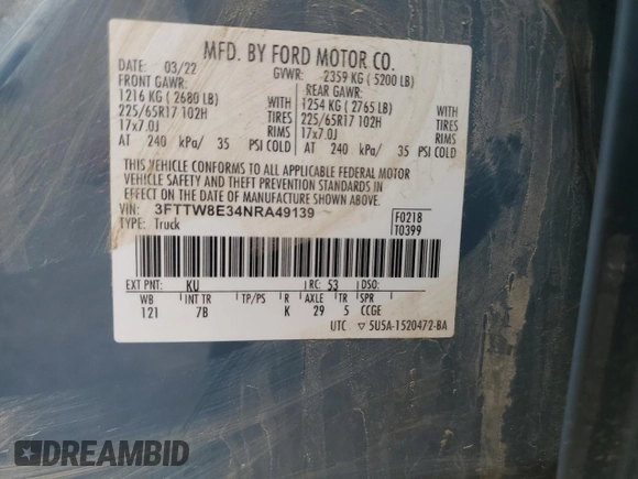 2022 Ford Maverick XL z VIN 3FTTW8E34NRA49139, wystawiony jako Copart lot #54937925 z przebiegiem 33 095 mil mil oraz Czysty tytuł • Clean title. Historia ofert i sprzedaży dostępna na DreamBid. Obrazek 12.