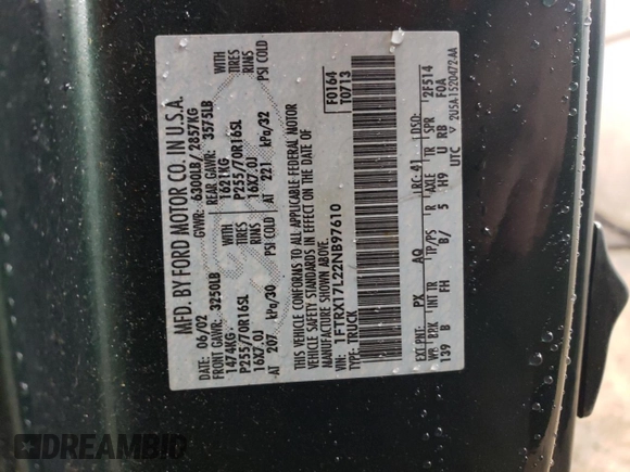 2002 Ford F-150 XL with VIN 1FTRX17L22NB97610, listed as a Copart auction lot 47186355 with 70,767 mi miles and Salvage title. Bid and sale history available at DreamBid. Image 12.