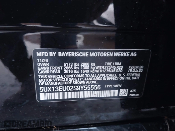 2025 BMW X5 sDrive40i with VIN 5UX13EU02S9Y55556, listed as a IAAI auction lot 41177621 with 272 mi miles. Bid and sale history available at carsss.com. Image 9.