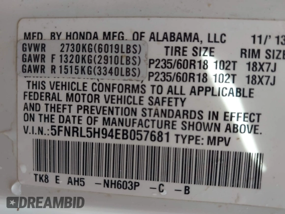2014 Honda Odyssey Touring с VIN 5FNRL5H94EB057681, выставлен на аукционе IAAI как лот 41828000 с пробегом 249 350 миль миль и . История ставок и продаж доступна на DreamBid. Изображение 9.