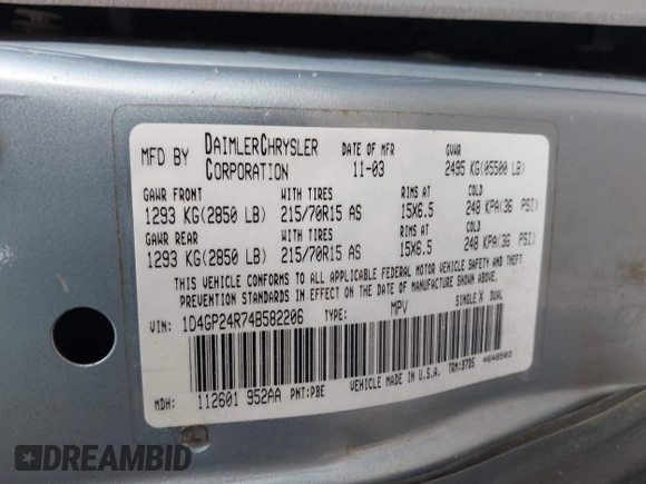 2004 Dodge Caravan SE with VIN 1D4GP24R74B582206, listed as a IAAI auction lot 41919558 with 281,818 mi miles and . Bid and sale history available at DreamBid. Image 9.