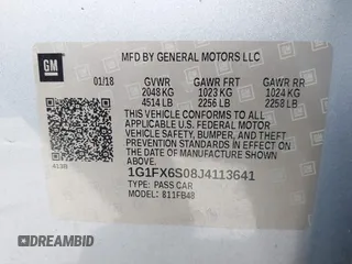 2018 Chevrolet Bolt EV Premier with VIN 1G1FX6S08J4113641, listed as a IAAI auction lot 41681041 with 81,390 mi miles. Bid and sale history available at carsss.com. Image 9.