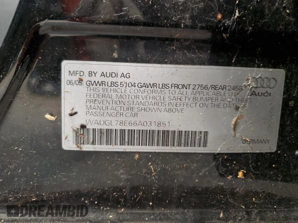 2006 Audi S4 z VIN WAUGL78E66A031851, wystawiony jako Copart lot #58134615 z przebiegiem Nie podano mil oraz Tytuł czysty. Historia ofert i sprzedaży dostępna na DreamBid. Obrazek 12.
