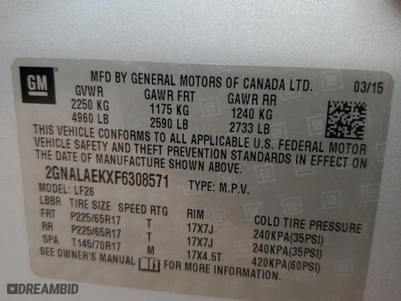 2015 Chevrolet Equinox LS with VIN 2GNALAEKXF6308571, listed as a Copart auction lot 82879304 with 86,512 mi miles and Salvage Title. Bid and sale history available at carsss.com. Image 14.