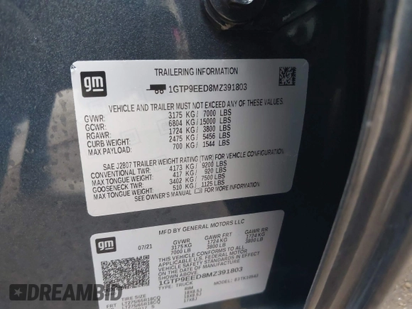 2021 GMC Sierra 1500 AT4 with VIN 1GTP9EED8MZ391803, listed as a IAAI auction lot 41275238 with 84,024 mi miles. Bid and sale history available at carsss.com. Image 9.
