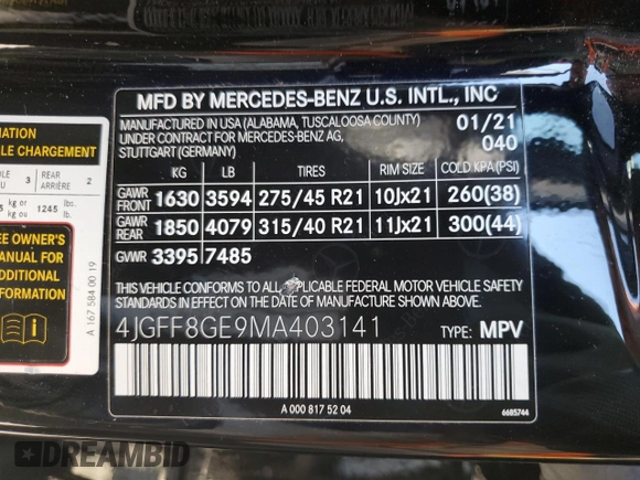 2021 Mercedes-Benz GLS 580 с VIN 4JGFF8GE9MA403141, выставлен на аукционе Copart как лот 76379994 с пробегом 30 410 миль миль и Списание • Salvage title. История ставок и продаж доступна на DreamBid. Изображение 15.