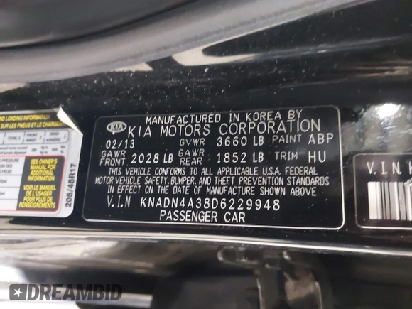 2013 Kia Rio SX with VIN KNADN4A38D6229948, listed as a IAAI auction lot 42007877 with 126,695 mi miles. Bid and sale history available at carsss.com. Image 9.