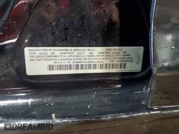 2008 Volkswagen Jetta SE с VIN 3VWRM71K48M018060, выставлен на аукционе Copart как лот 48627805 с пробегом 82 924 миль миль и Списание • Salvage title. История ставок и продаж доступна на DreamBid. Изображение 12.