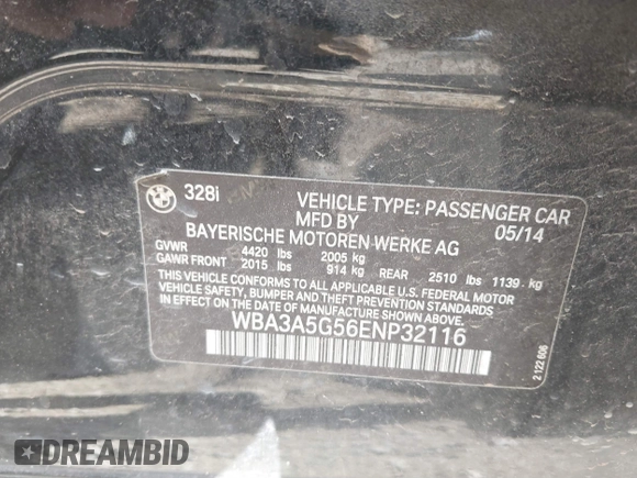 2014 BMW 3 Series 328i with VIN WBA3A5G56ENP32116, listed as a IAAI auction lot 41770861 with 118,485 mi miles. Bid and sale history available at carsss.com. Image 9.