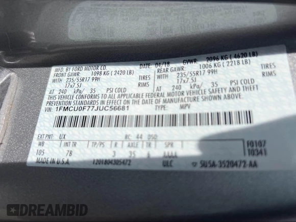 2018 Ford Escape S with VIN 1FMCU0F77JUC56681, listed as a IAAI auction lot 42043066 with 146,274 mi miles. Bid and sale history available at carsss.com. Image 9.