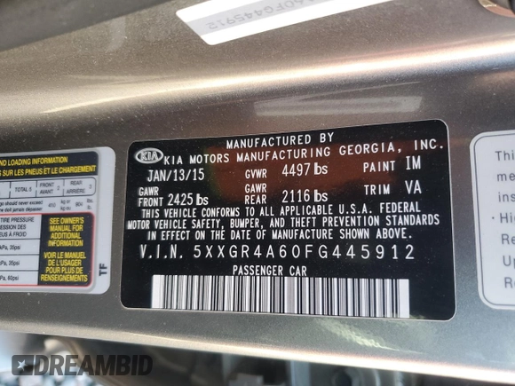 2015 Kia Optima SX Turbo with VIN 5XXGR4A60FG445912, listed as a Copart auction lot 79620894 with 77,354 mi miles and Salvage Title. Bid and sale history available at carsss.com. Image 13.