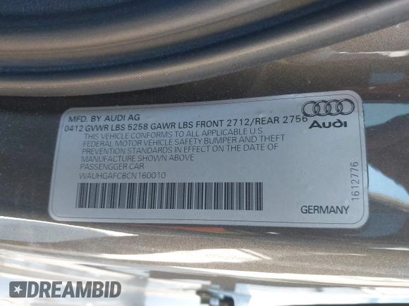 2012 Audi A6 Prestige with VIN WAUHGAFC8CN160010, listed as a IAAI auction lot 41794692 with 117,897 mi miles and . Bid and sale history available at DreamBid. Image 9.
