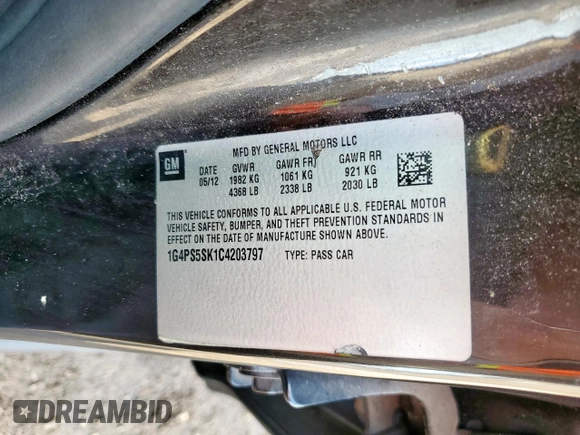 2012 Buick Verano Group with VIN 1G4PS5SK1C4203797, listed as a Copart auction lot 60892285 with 84,309 mi miles and Salvage title. Bid and sale history available at DreamBid. Image 12.