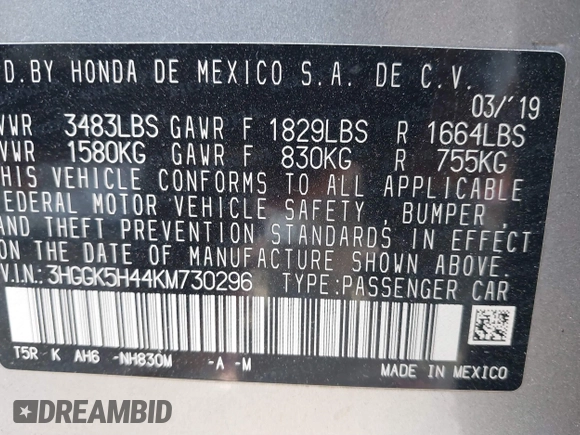 2019 Honda Fit LX with VIN 3HGGK5H44KM730296, listed as a IAAI auction lot 41440063 with 42,549 mi miles. Bid and sale history available at carsss.com. Image 9.