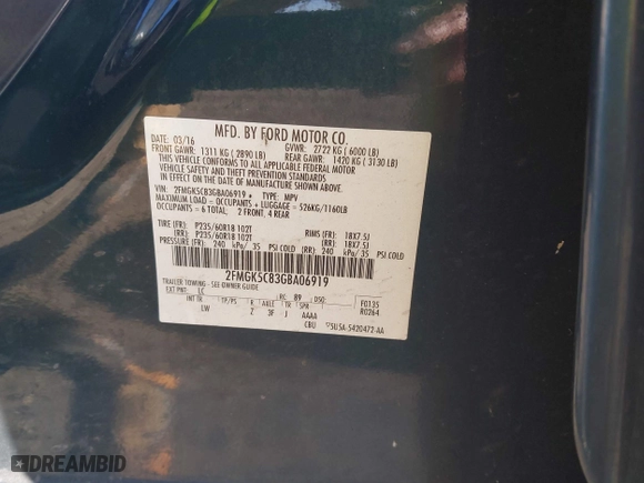2016 Ford Flex SEL with VIN 2FMGK5C83GBA06919, listed as a IAAI auction lot 41039097 with 183,187 mi miles. Bid and sale history available at carsss.com. Image 9.