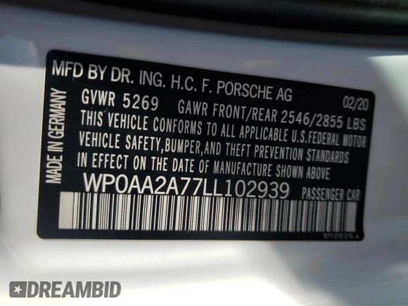 2020 Porsche Panamera с VIN WP0AA2A77LL102939, выставлен на аукционе Copart как лот 78850494 с пробегом 49 137 миль миль и Списание • Salvage title. История ставок и продаж доступна на DreamBid. Изображение 13.