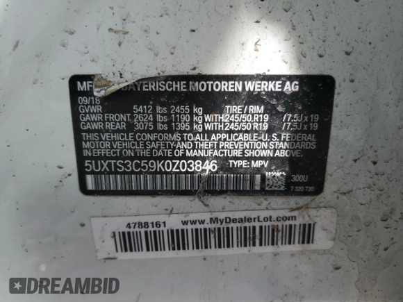 2019 BMW X3 M40i with VIN 5UXTS3C59K0Z03846, listed as a Copart auction lot 45012455 with 63,306 mi miles and Salvage Title. Bid and sale history available at DreamBid. Image 14.