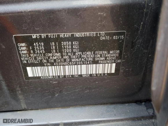 2015 Subaru Legacy 2.5i Premium with VIN 4S3BNBC65F3051541, listed as a Copart auction lot 70048324 with 0 mi miles and Salvage Title. Bid and sale history available at carsss.com. Image 12.