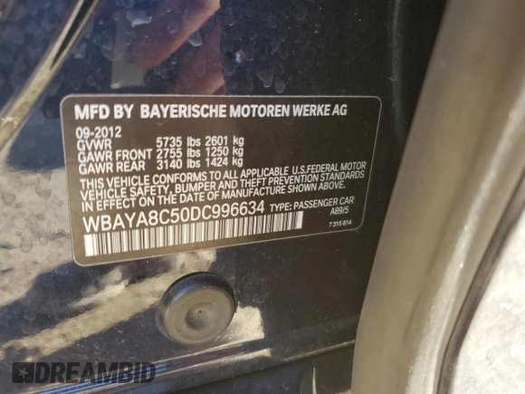 2013 BMW 7 Series 750i with VIN WBAYA8C50DC996634, listed as a Copart auction lot 76252824 with 110,807 mi miles and Salvage Title. Bid and sale history available at DreamBid. Image 12.
