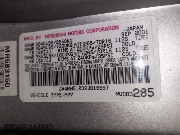 2002 Mitsubishi Montero Limited z VIN JA4MW51R02J016667, wystawiony jako IAAI lot #41267504 z przebiegiem 167 446 mil mil oraz . Historia ofert i sprzedaży dostępna na DreamBid. Obrazek 9.