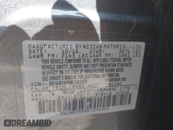 2019 Nissan Sentra S with VIN 3N1AB7APXKY241305, listed as a IAAI auction lot 42446564 with 108,751 mi miles and . Bid and sale history available at DreamBid. Image 9.