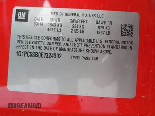 2014 Chevrolet Cruze 1LT with VIN 1G1PC5SB0E7324302, listed as a IAAI auction lot 42070523 with 125,860 mi miles and . Bid and sale history available at DreamBid. Image 9.