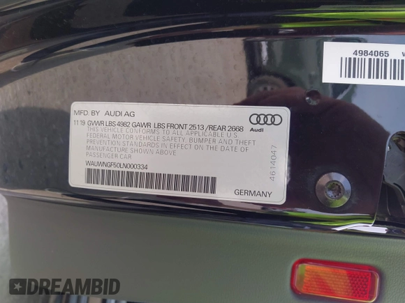 2020 Audi A5 Cabriolet Premium z VIN WAUWNGF50LN000334, wystawiony jako IAAI lot #41919556 z przebiegiem 56 494 mil mil oraz . Historia ofert i sprzedaży dostępna na DreamBid. Obrazek 9.