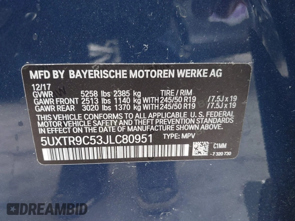 2018 BMW X3 xDrive30i with VIN 5UXTR9C53JLC80951, listed as a IAAI auction lot 41923309 with 98,057 mi miles and . Bid and sale history available at DreamBid. Image 9.