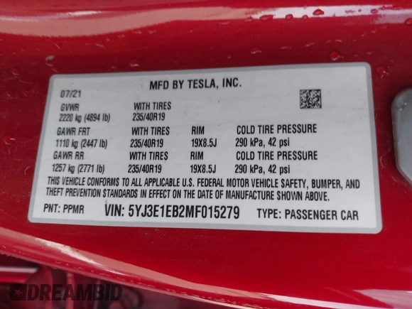 2021 Tesla Model 3 Long Range with VIN 5YJ3E1EB2MF015279, listed as a IAAI auction lot 41765428 with 55,486 mi miles. Bid and sale history available at carsss.com. Image 9.