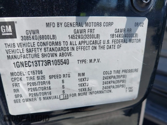 2003 Chevrolet Tahoe LS with VIN 1GNEC13T73R105540, listed as a IAAI auction lot 42313415 with Not provided miles and . Bid and sale history available at DreamBid. Image 9.