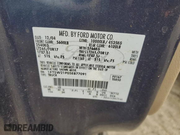 2005 Ford F-250 XL z VIN 1FTSW21P05EB77091, wystawiony jako Copart lot #59380265 z przebiegiem 158 934 mil mil oraz Nie do naprawy • Non repairable. Historia ofert i sprzedaży dostępna na DreamBid. Obrazek 12.
