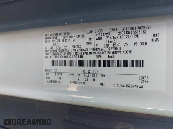 2020 Ford Transit Cargo z VIN 1FTBR1Y86LKA30515, wystawiony jako IAAI lot #41441522 z przebiegiem 84 331 mil mil oraz . Historia ofert i sprzedaży dostępna na DreamBid. Obrazek 9.