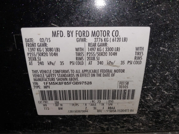 2015 Ford Explorer Limited with VIN 1FM5K8F85FGB97528, listed as a IAAI auction lot 41563079 with 185,504 mi miles and . Bid and sale history available at DreamBid. Image 9.