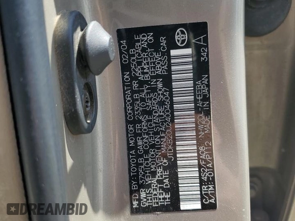 2004 Toyota Prius with VIN JTDKB20U240046047, listed as a Copart auction lot 55205625 with 227,373 mi miles and Salvage Title. Bid and sale history available at DreamBid. Image 12.
