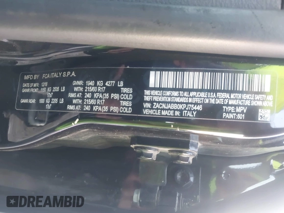 2019 Jeep Renegade Latitude with VIN ZACNJABB0KPJ75446, listed as a IAAI auction lot 42270073 with 156,849 mi miles and . Bid and sale history available at DreamBid. Image 9.